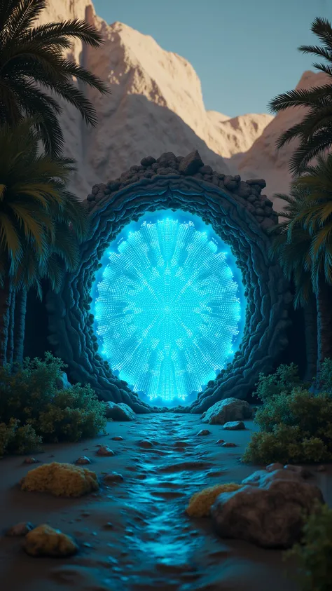 Close-up of a glowing portal in the middle of sahara desert, highly detailed object, deep blue oasis, intricate texture, brown-gray tones, intense lighting, photorealistic style, great detail depth of field, detailed structure of the glowing portal, sand d...