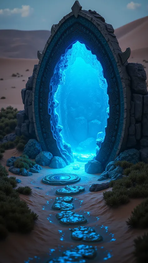 Close-up of a glowing portal in the middle of sahara desert, highly detailed object, deep blue oasis, intricate texture, brown-gray tones, intense lighting, photorealistic style, great detail depth of field, detailed structure of the glowing portal, sand d...