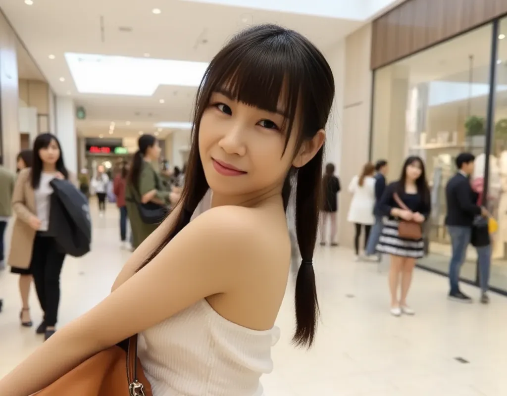 Japanese woman, cute, (long ponytail), (full body), ruffle dress, ( mini skirt), cowboy shot,full body shot,standing,Hermès handbag、shopping center for male and female audiences、window shopping、 back view、 look back、 full body shot、