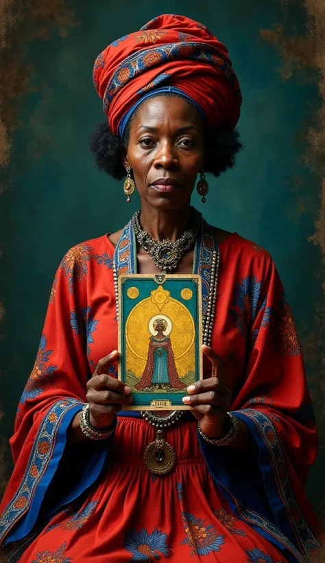 A African women in 60 years old,in hand tarot card, dress colour red and blue, turban a head, jewelry in the throat and wear full dress,