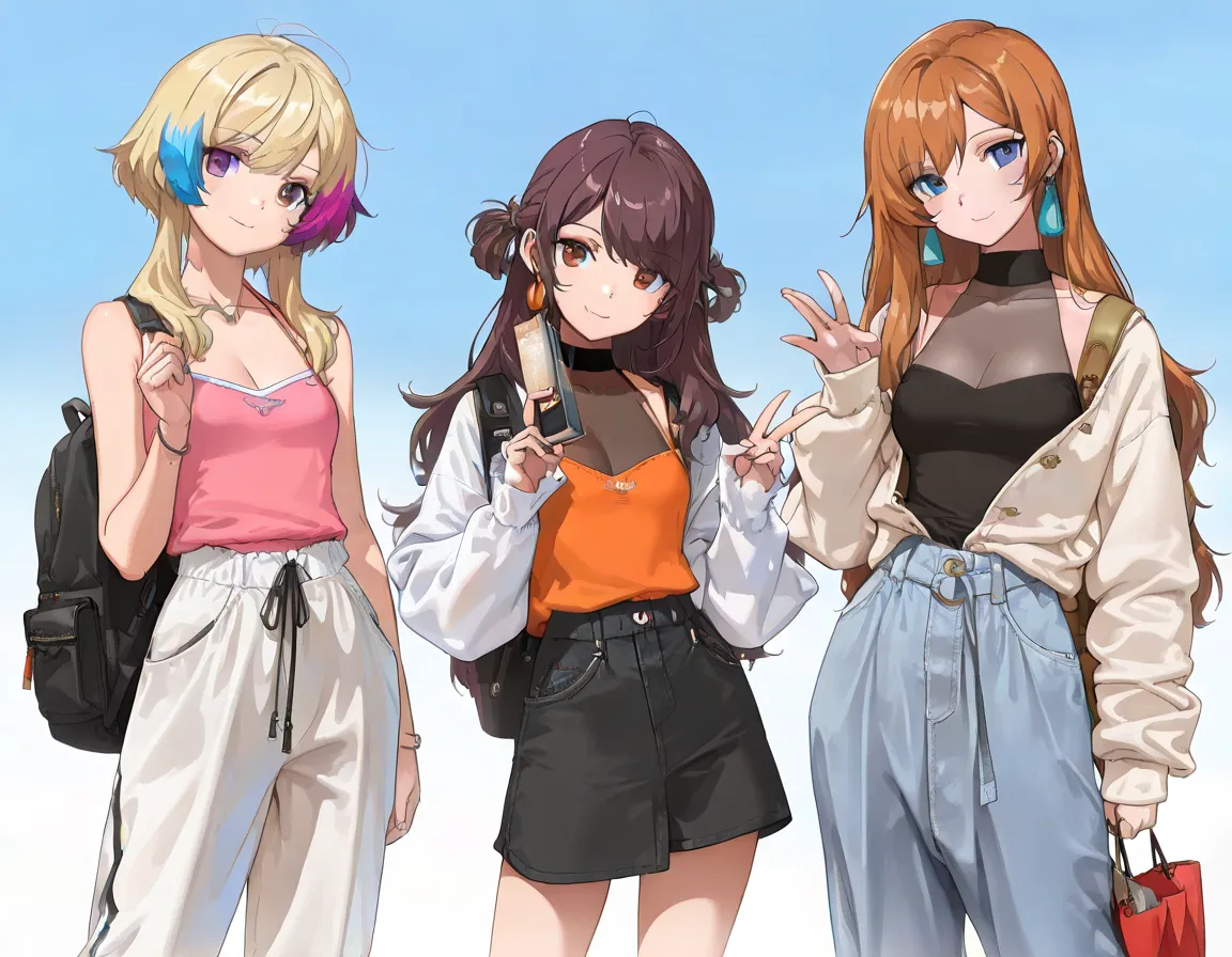 (((Best Quality))), 3 girls, anime characters, fashionable and trendy, outfit designs, diverse outfits, (upper body character design), outfit design, fashion concept art, knit, shirt, shorts, skirt, blouse, halter neck, see-through cleavage, jacket, camiso...