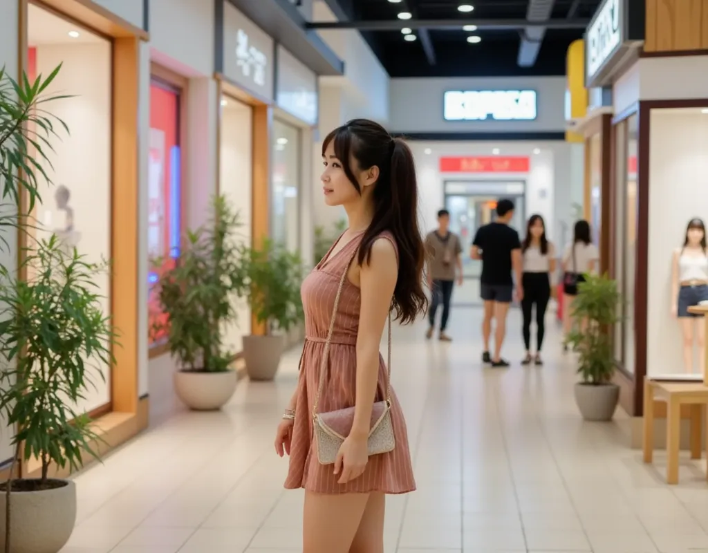 Japanese woman, cute, (long ponytail), (full body), dress, ( mini skirt), cowboy shot,full body shot,standing, handbag、shopping center for male and female audiences、window shopping、 full body shot、