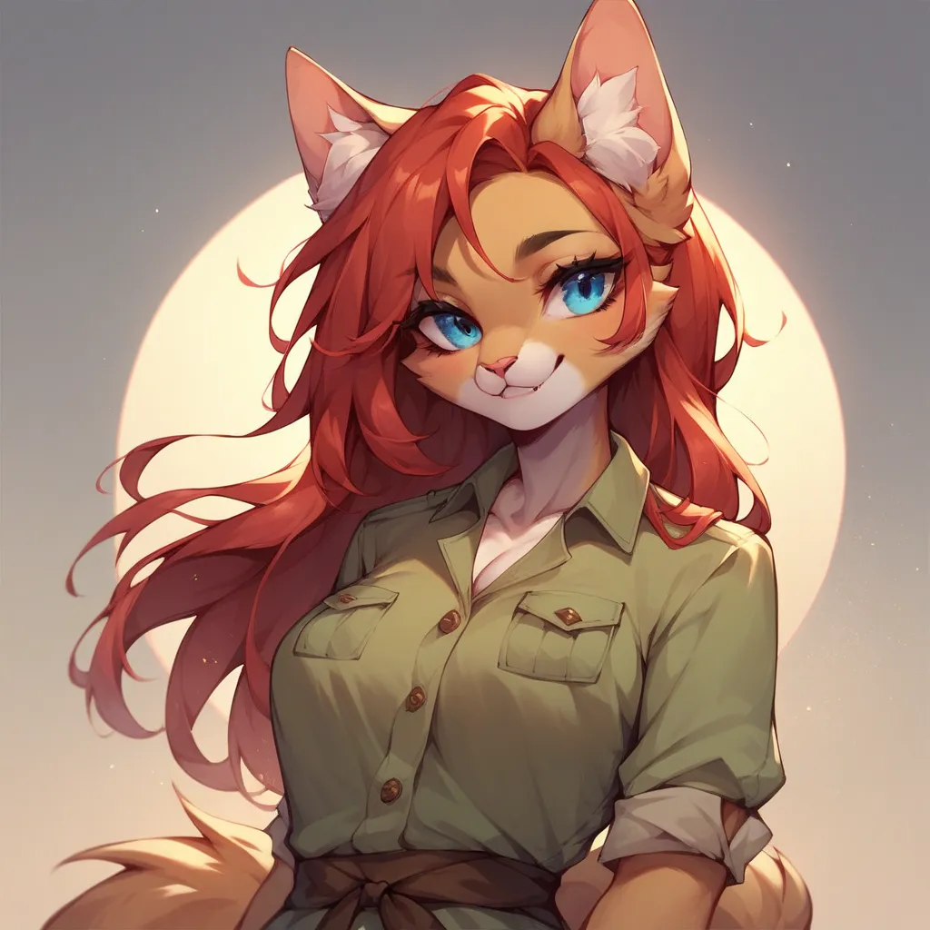 a anthro female cat with red hair and blue eyes in a safari outfit. she is out in the desert.