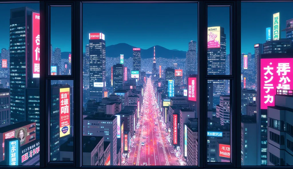  create an anime-style image using neon shades , of the city of Osaka, seen through the window of a high-rise apartment.