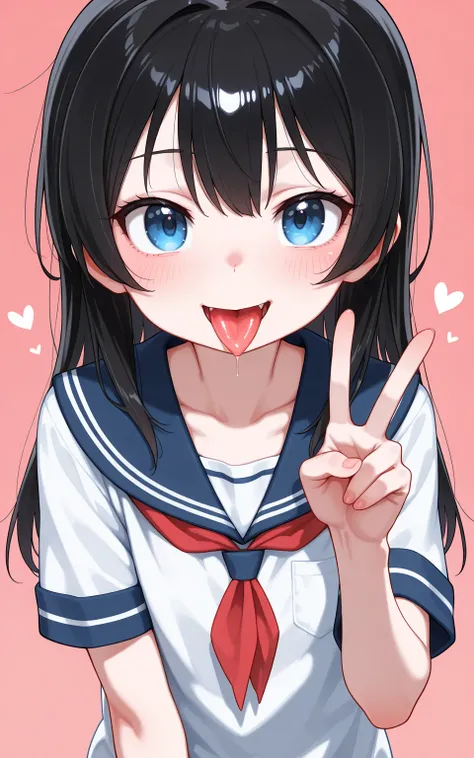 cool beauty, solo loli girl, black hair, [emaciated:1.3], lovestruck, happy, sexual tongue out, rest, serafuku, simple background, geometric, upper body, v, looking at viewer,