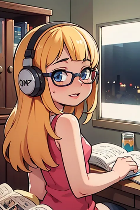 absurd quality. natural lighting. hyperrealism. fantastic comic book style illustration . 1 skinny girl, blond hair with bangs, degree glasses , headphones, coming out of the shower . reading a comic book, From the back showing the small ass . In a Young W...