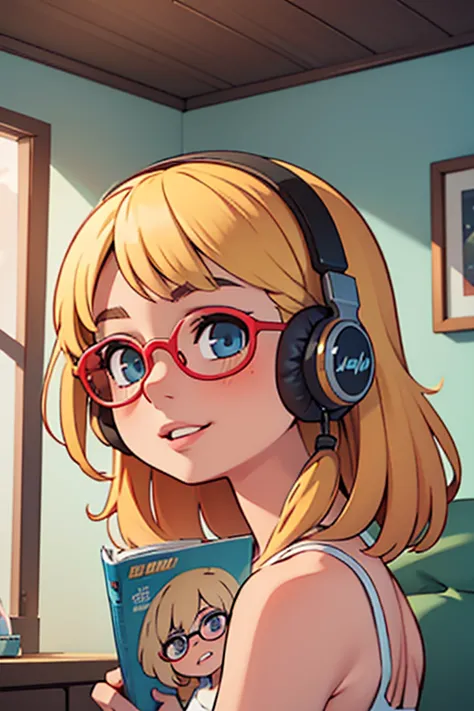 absurd quality. natural lighting. hyperrealism. fantastic comic book style illustration . 1 skinny girl, blond hair with bangs, degree glasses , headphones, coming out of the shower . reading a comic book, From the back showing the small ass . In a Young W...