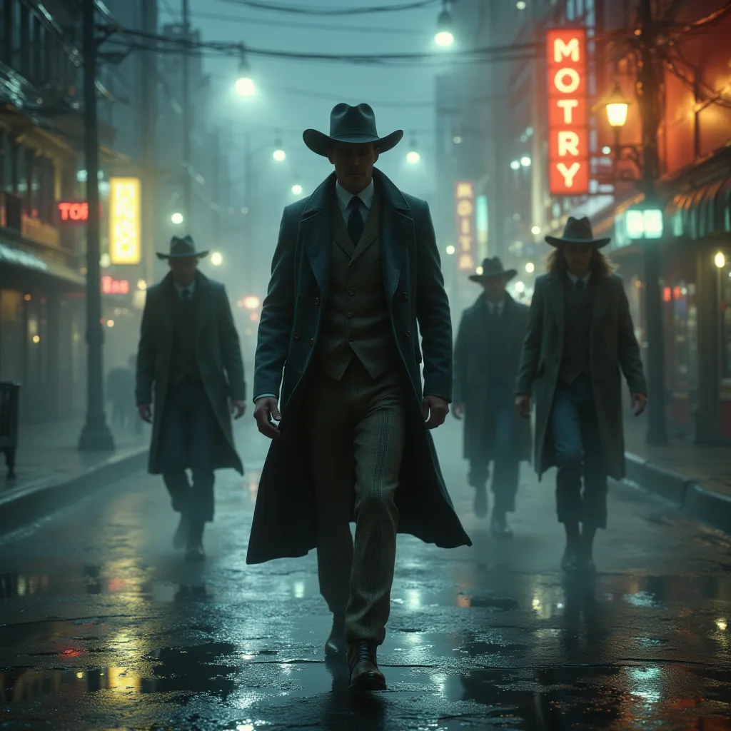 "A mysterious man in an overcoat, flannel pantsuit, bowler hat, and cowboy boots walks through a foggy, dimly lit Downtown Los Angeles street at night. Behind him, three similarly dressed figures move quickly, trying to keep up. Neon lights flicker in the ...