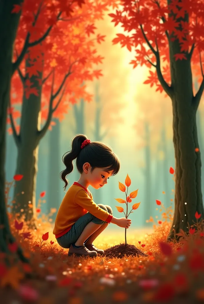 Girl in a forest with red trees planting a tree