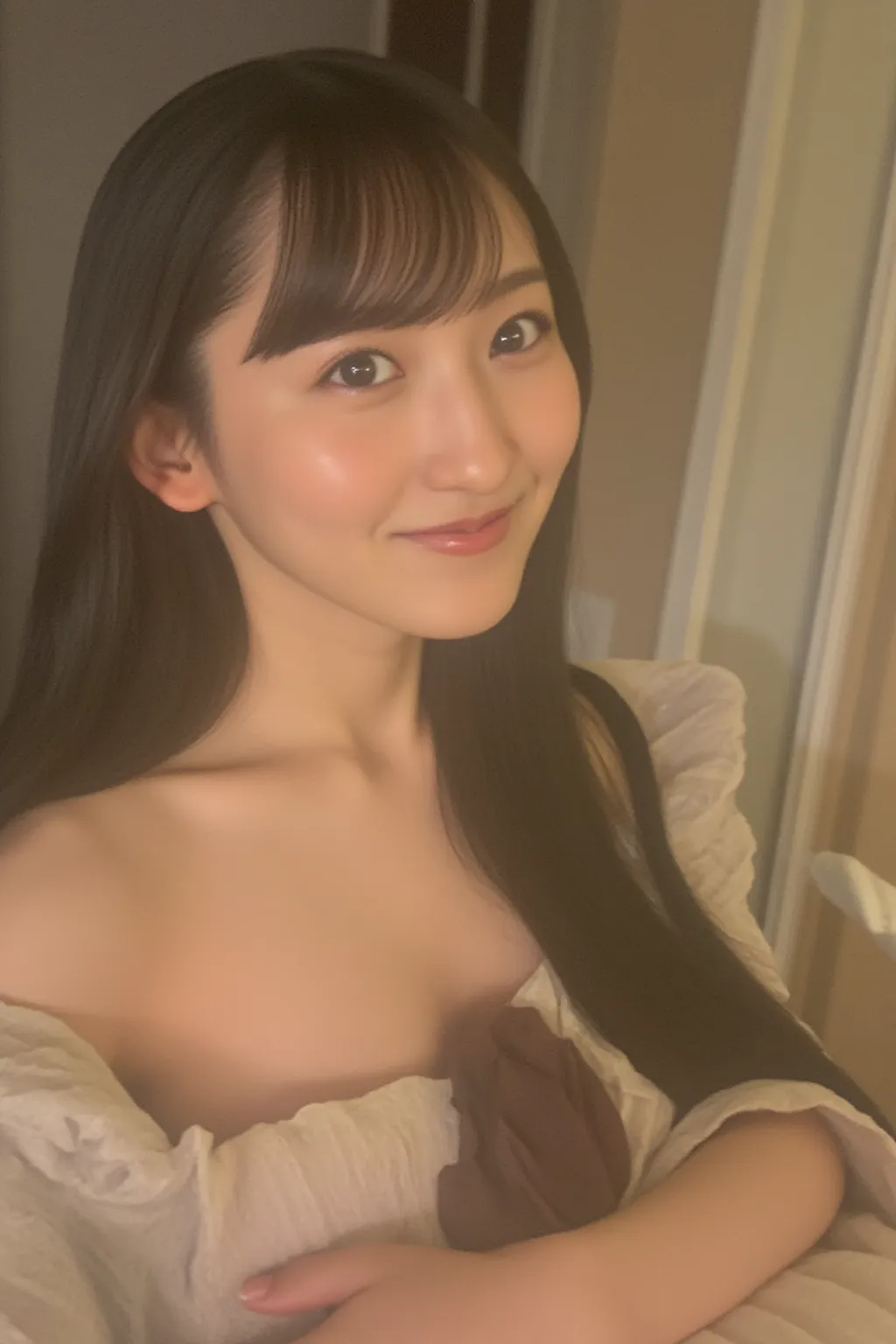    has bangs、 straight hair and not bundled  、20 year old young Asian woman      ,      she was so sexy      ,     and、Height 160 cm .   Soft and graceful face、Completely naked、 She has a sensual look、She feels good、 I'm smiling 、hotel bed in a dim place 、...