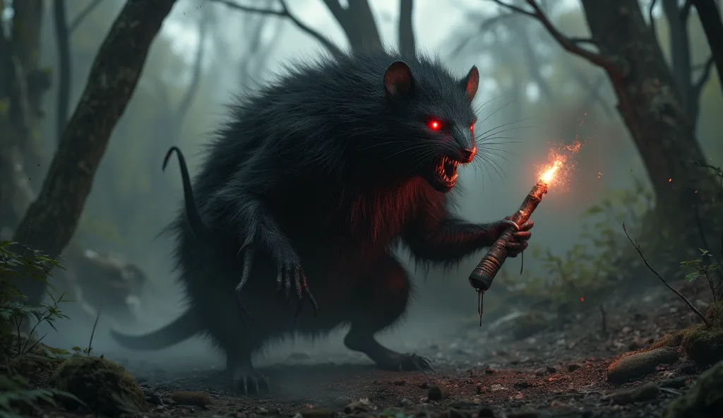 The vile ratman. black wool. red wild eyes. a long rat's tail. sharp fangs. and in his hand he has a lit red dynamite. The ratman walks on its hind legs. The ratman runs through a creepy forest in the fog. horror