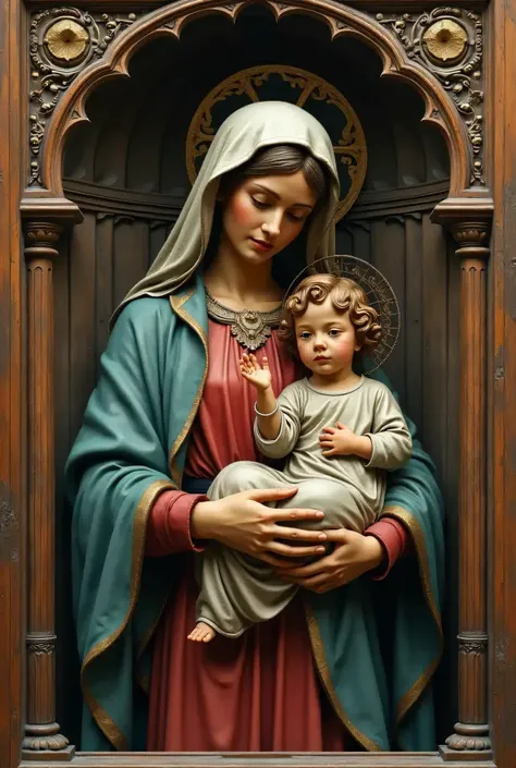 Our Lady with the Baby Jesus next to her on the floor. Our Lady's left hand holding a broom. Right hand resting on the head of the baby Jesus. Crown on the boy and on Our Lady