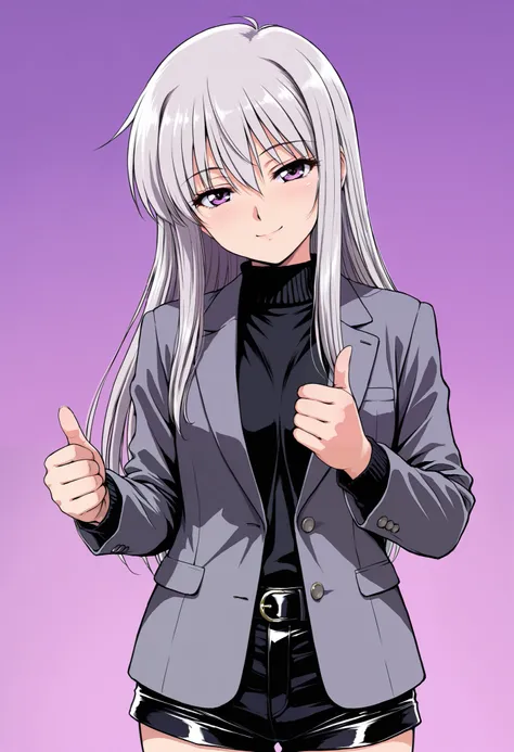 by tsuyadashi shuuji, retro, 1girl, solo, light grey hair, long hair, straight hair, flowing hair, hair between eyes, light purple eyes, black sweater, dark grey blazer, black shorts, upper body, head tilt, smile, thumbs up, nervous, looking at viewer, hal...