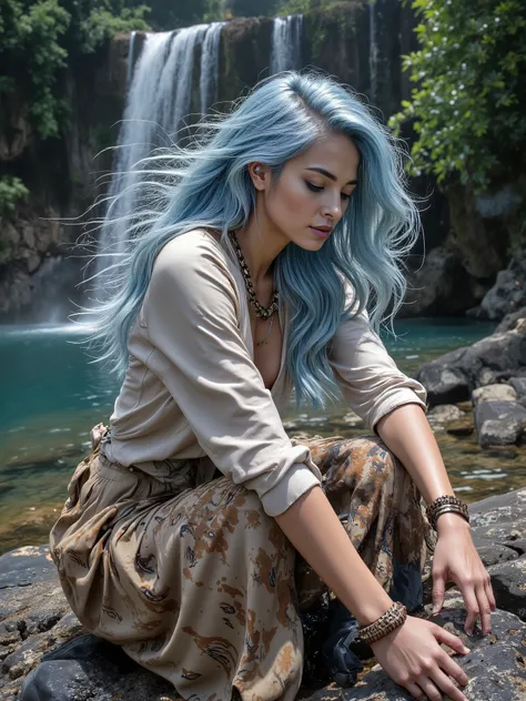 IMG_325.HEIC. A stunning woman with pale olive skin and long, hyper-realistic light blue hair, swept to the side with a voluminous effect in the middle. Full bust, slim waist, wide hips, visible body with smooth-skinned ribcage, defined muscles, toned musc...