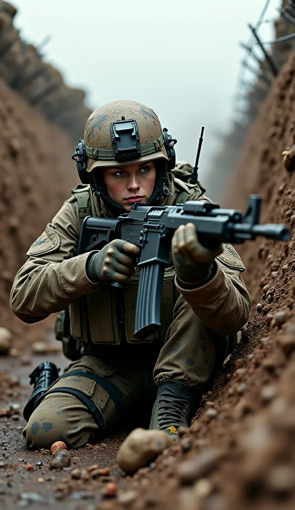 An anonymous female soldier in a tactical uniform in a trench,In combat with an AK74m,Realistic image 