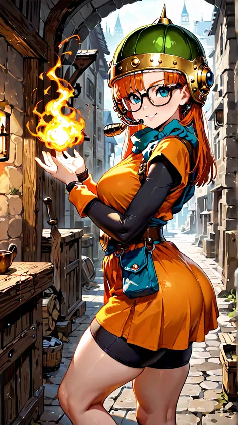 1girl, Lucca from Chrono Trigger, thin build, glasses, long hair, looking at viewer, fire magic in hands, standing, orange dress short skirt, black yoga shorts, big butt, seductive smile, taken from side, medieval city in background, from the knees up, mas...