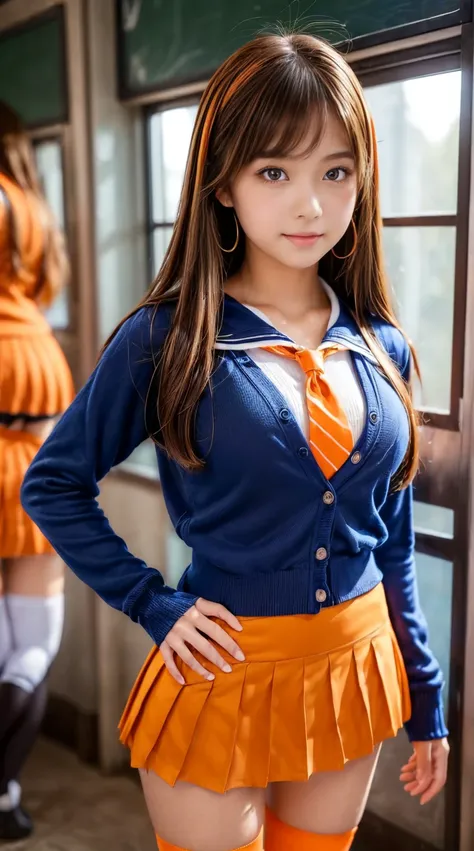 Masterpiece,Product quality,1 young beautiful detailed Japanese female,smiling,famous Pin-up Model,sexy photo shoot,flashy high school girl cosplay.
(well-proportion:1.3),Medium height.
(Cowboy shot),(shot from below:1.5),(composition emphasizing thighs:1....