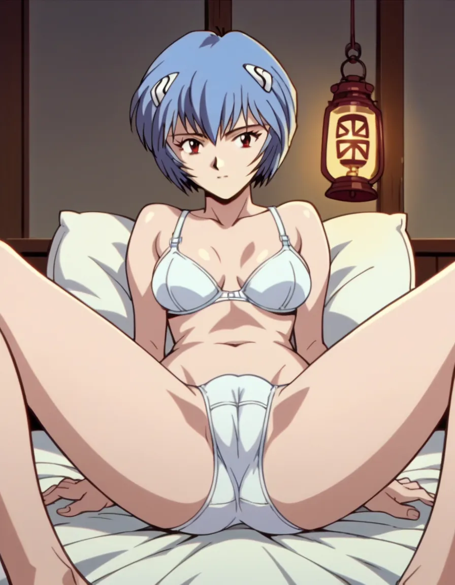  score_9,  score_8_up,  score_7_up,  source_anime,
 layer nami,  Rei Ayanami, Rei Ayanami,  Lantern,  short hair, Red Eyes,
Alone, anime screencap, nude, white bra, white panties, cameltoe, spread legs,