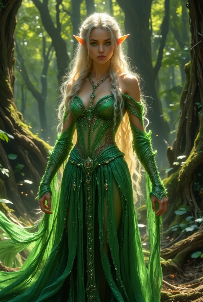 A 24-year-old elf, green eyes like a summer forest, very long platinum blond hair braided on each side and behind the head. She is dressed in a magnificent and long green elven dress embroidered with silver thread.. She is in a magical forest.