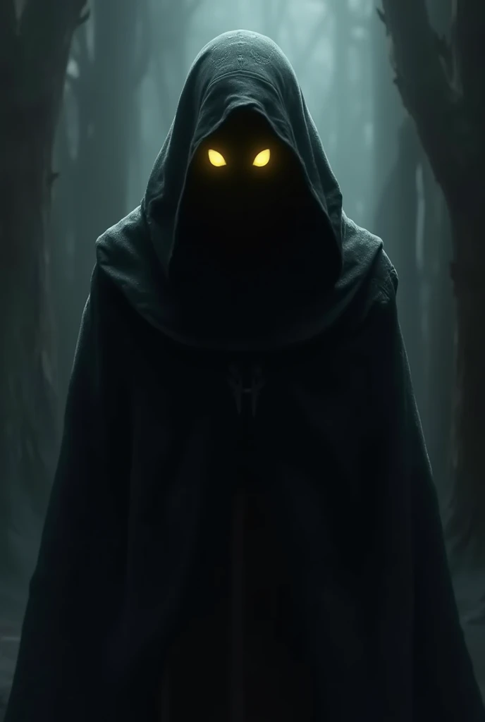 Create an image of a dark being, wearing a robe and the only thing apparent inside the robe are cruel yellow human eyes 