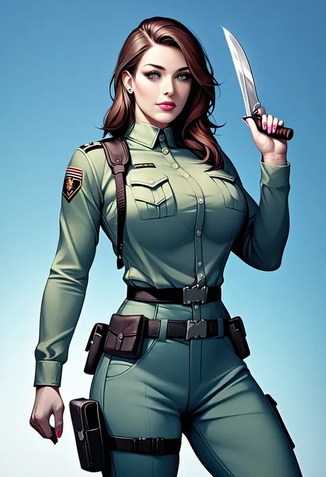 A highly detailed portrait of a tall, slender yet muscular Israeli woman with sharp gray eyes and dark brown shoulder-length hair tied back neatly. She is wearing a sleek ((blue)) military uniform with modern tactical gear, including a holster and knife po...