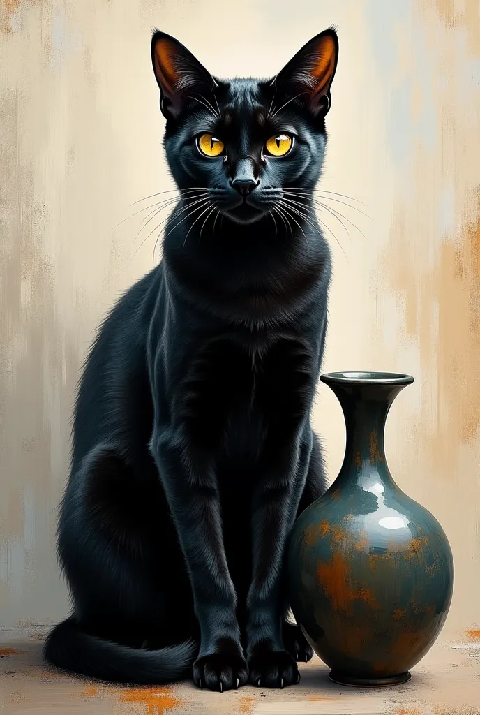 a black cat painted on canvas and acrylic, Sitting looking straight ahead next to a vase