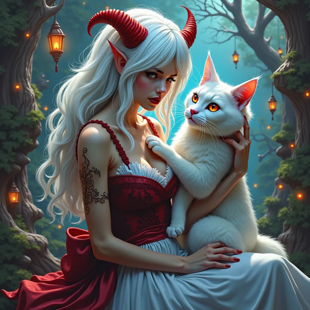 
Sexy Alice in Wonderland, white hair and red horns, with the magic cat 