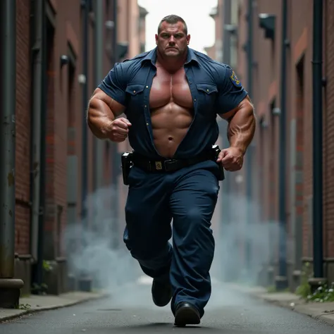 A police officer with an extremely large muscular physique, showcasing extremely huge exaggerated muscles, especially in his arms, chest, legs and buttocks, with a determined expression is running through a narrow alleyway lined with brick walls and indust...