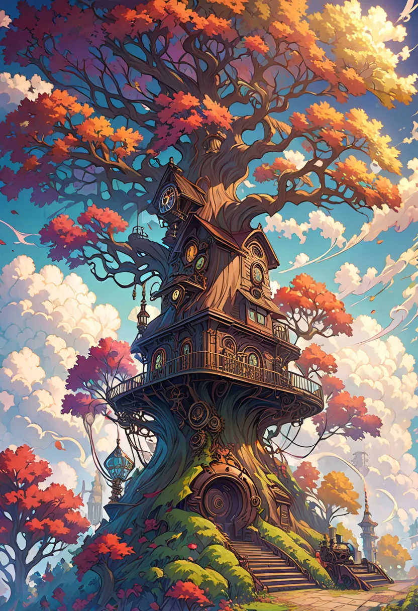 Dreamlike Art Live Tree, Colorful smoke, Intricate Details,  Steampunk Details, complicated details,  hyperdetail,