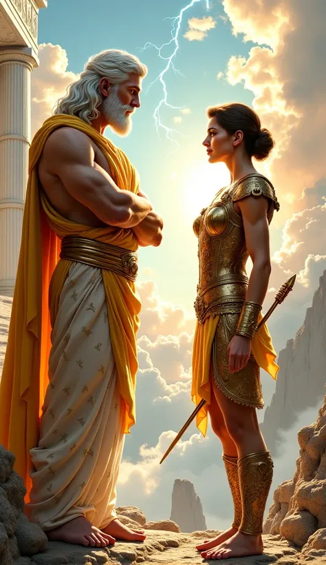 Two Greek gods standing face to face on Mount Olympus, with a magnificent view of the sky and clouds surrounding them. The ground is rocky, adorned with golden light. In the background, Zeus' palace with marble columns and mythological symbols. Zeus is tal...