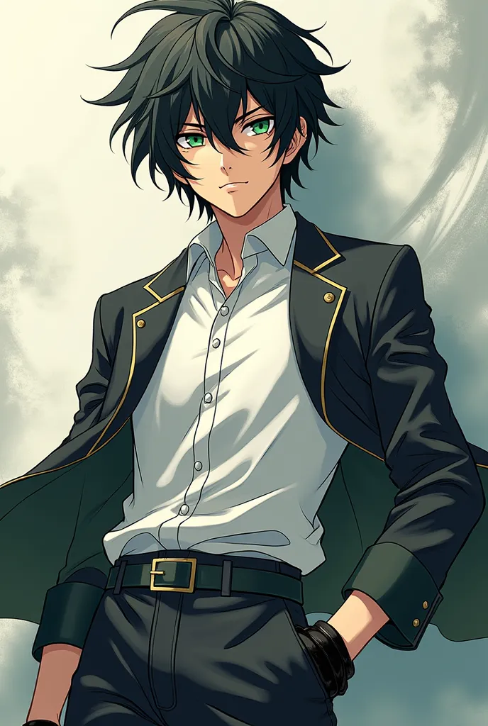 Create an anime character ,  with messy black hair  , green eyes , He has to be wearing a jujutsu school uniform and wearing gloves , He has a small burn mark on his face 