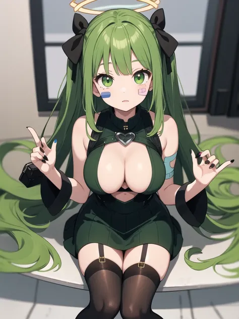 1 girl, floating sitting pose, green halo, green straight hair, big green hair bow, green goth tight sweater with boob window, green harness on chest, long black nails, fashion green skirt with patches, mismatched thigh high stockings, cute green wings on ...