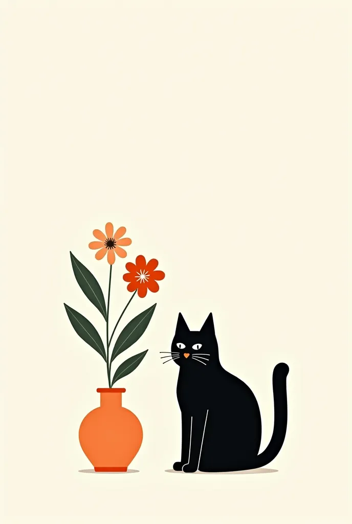 there is a black cat sitting next to a vase with flowers, a minimalist painting by Yuko Tatsushima, despegar, folk art,  cute illustration , cats and plants , ilustración minimalista,  Illustration of a cat ,  simple and clean illustration , (By Tom Purvis...