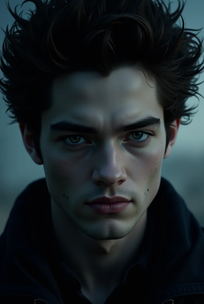 Create a male male character with black eyes and black hair deep and penetrating eyes in the style of twilight 