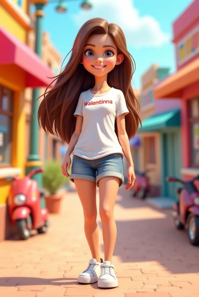 , s, Long brown hair, 3d drawing, in white t-shirt and shorts and sneakers, Walentinna written on clothes, cheerful background