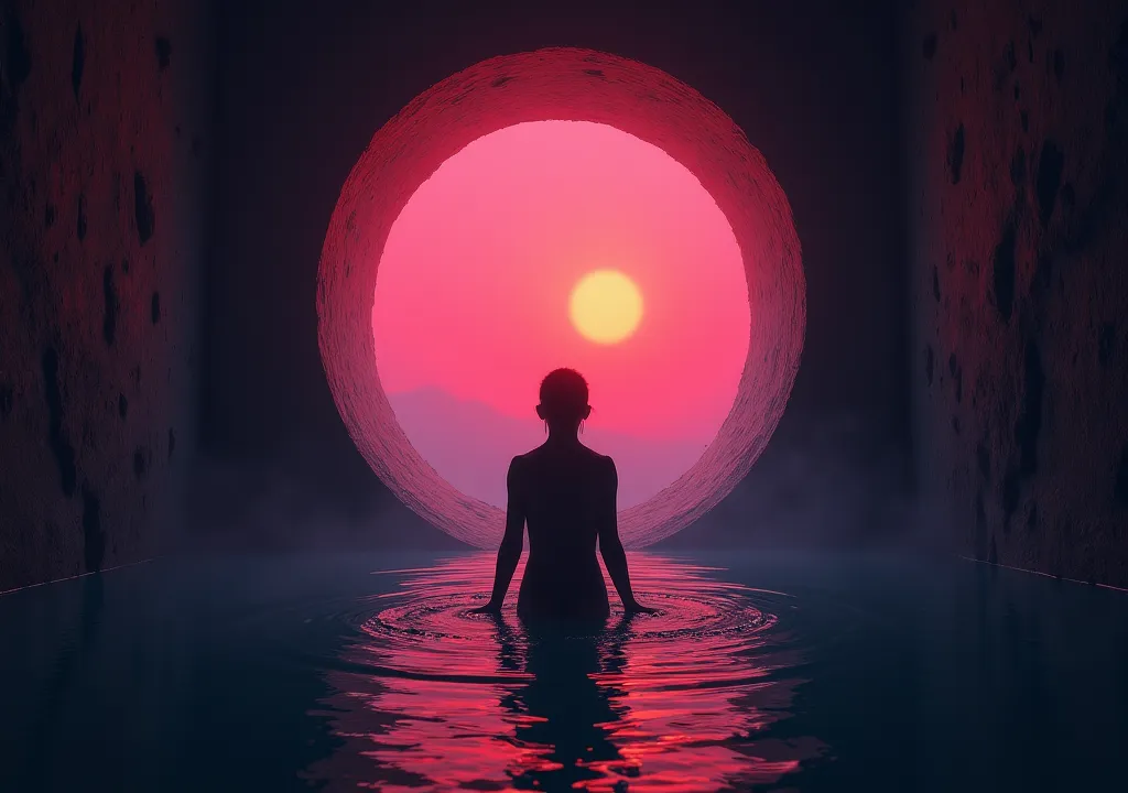 Silhouette of 1 person trapped in round water well colored from above 