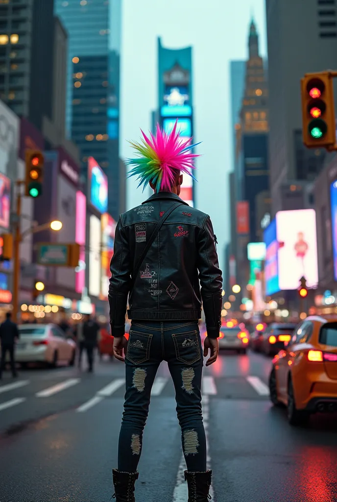 (photorealism:1.2), A hardcore punker stands defiantly in the middle of a bustling city during rush hour, surrounded by towering skyscrapers, flashing billboards, and a maze of traffic lights, street signs, and tangled overhead cables. His hair is styled i...