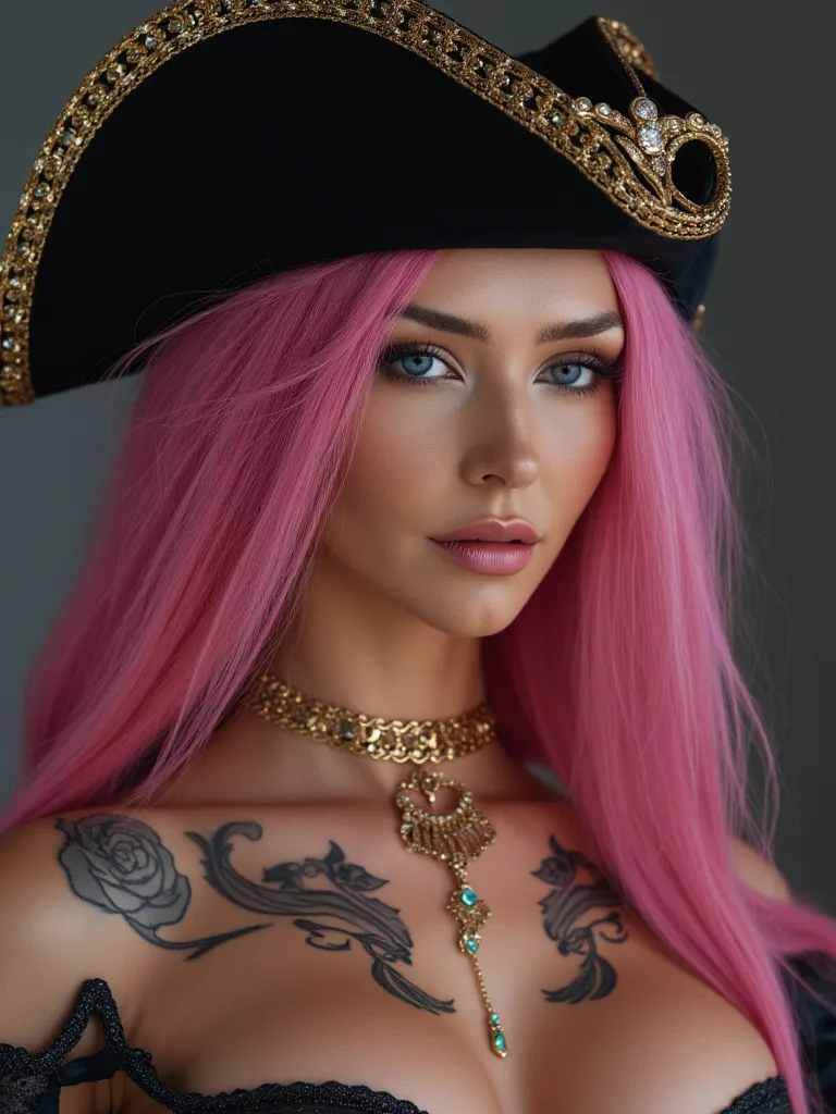 Realistic HD image of the beautiful ROMANTIC PIRATE WITH PIRATE HAT, LAYERED PINK HAIR with jewel embellishments, Fantastic and lifelike, Intricate detailing, Topaz, RUBIES, Quartz, Neck, Arms, Ankles, All very intricate, Originality, Full body image, VOLU...