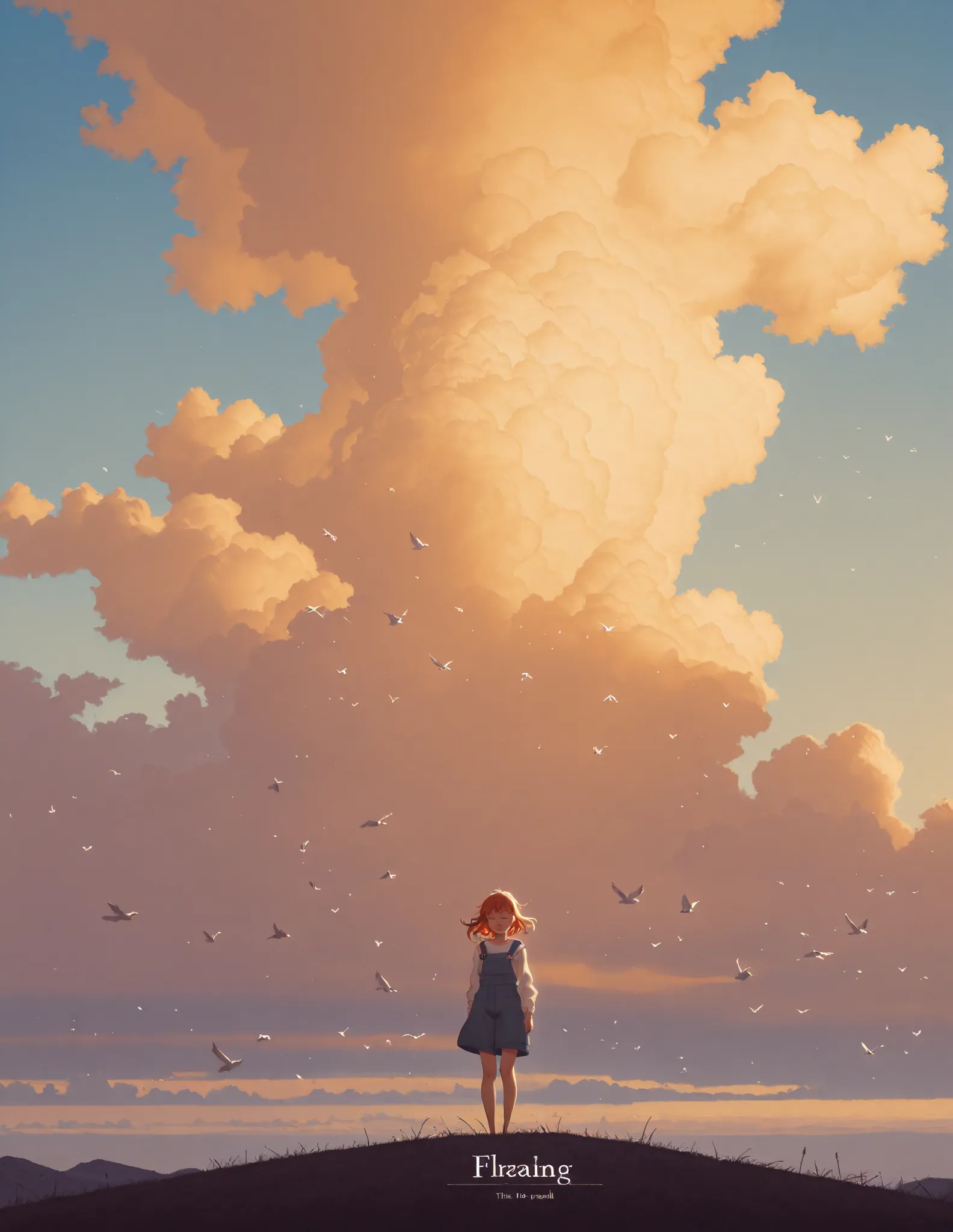 A minimalist yet emotional anime-style illustration of a vast open sky at dawn, with a lone silhouette of a girl standing on a hilltop, gazing at the horizon. The scene is bathed in warm, golden hues, with soft clouds drifting across the sky. A flock of bi...