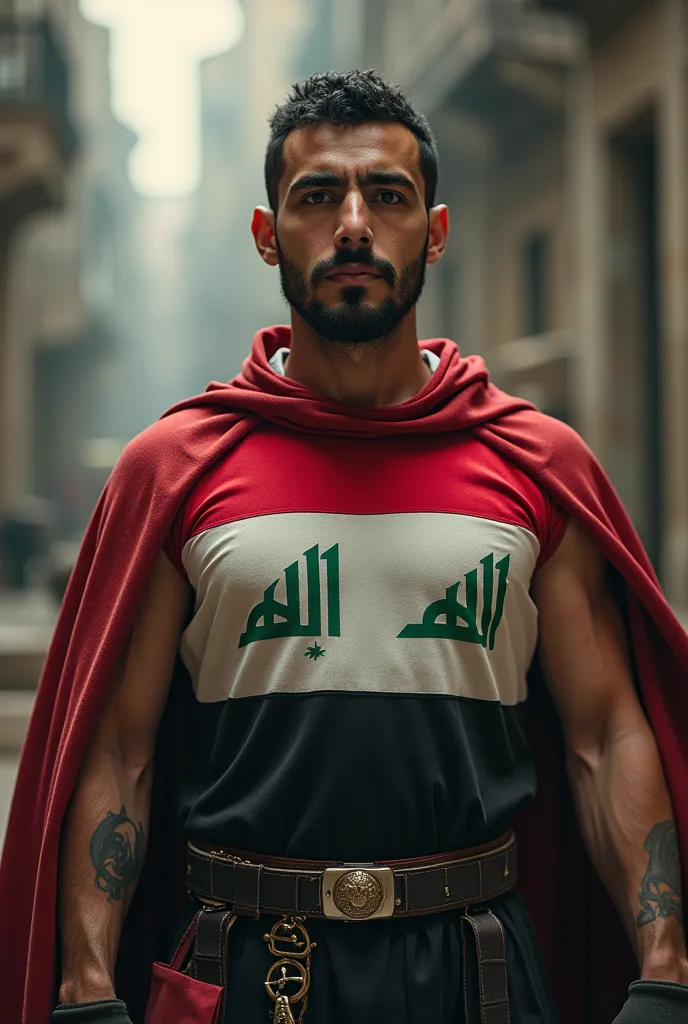 The Iraqi flag is on his chest