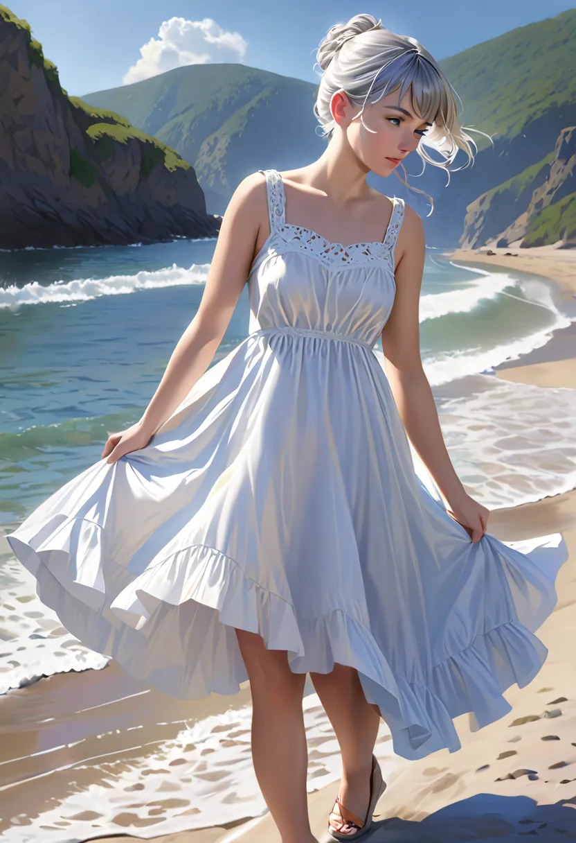  silver-haired woman in dress , 1 Female, Alone,  sundress, photorealistic, realism, realistic, human