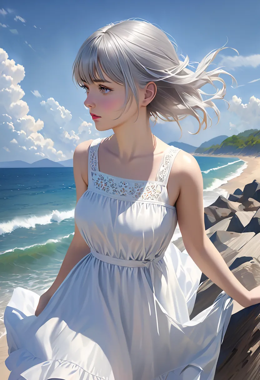  silver-haired woman in dress , 1 Female, Alone,  sundress, photorealistic, realism, realistic, human