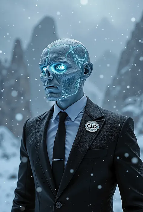 "A White Walker-inspired humanoid character with a perfectly shaped six-sided die as a head, each face of the die clearly visible and marked with numbers. His eyes glow with an eerie icy blue light, and his frozen, frost-covered skin adds to his menacing a...