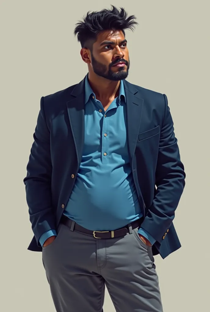 Draw a dark-skinned Latino man, with a large abdomen, 30 years old,  with black blazer , gray pants, light blue shirt