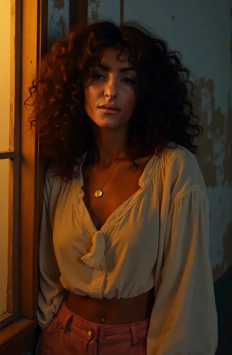 Beautiful Brazilian woman in her 30s, dark skinned, voluminous curly brown hair, wearing women's loose-fitting long-sleeved clothing from the late 70s,  She is in a nighttime setting  