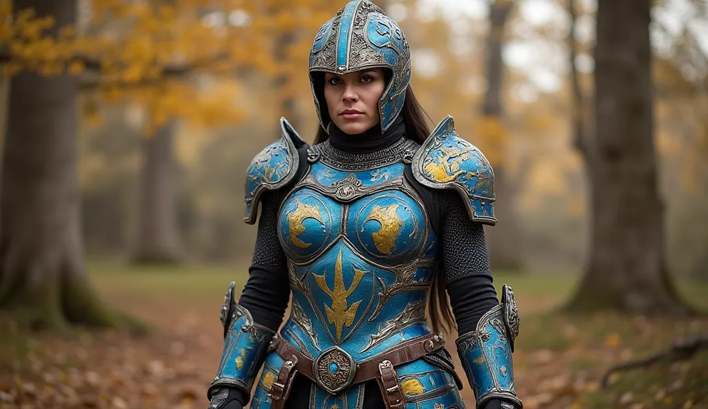 femme ukrainienne : Costume Armure de combat : Une armure légère mais résistante, avec des plaques métalliques bleu azur et jaune tournesol. Les reflets métalliques pourraient donner un aspect presque magique à l'armure. Casque : Un casque élégant et fonct...