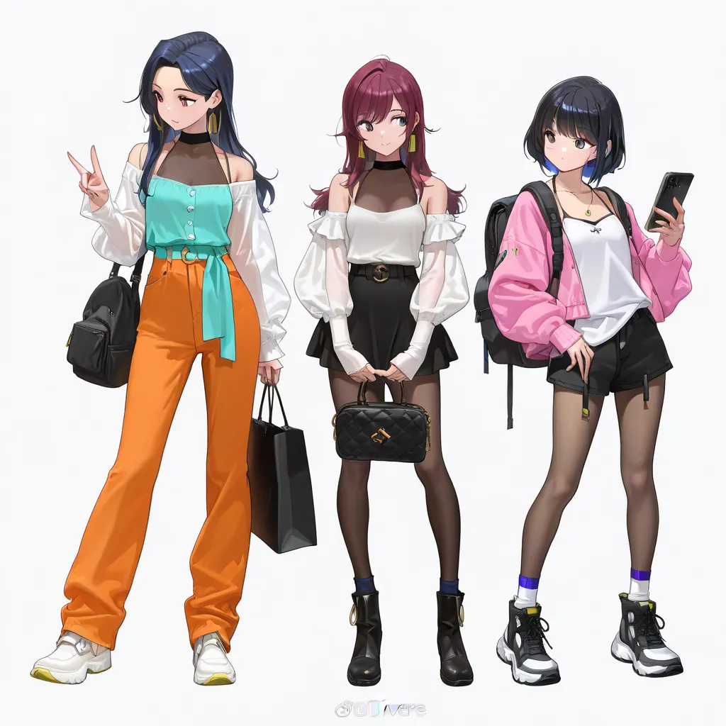 (((Best Quality))), 3 girls, anime characters, fashionable and trendy, outfit designs, diverse outfits, (upper body character design), outfit design, fashion concept art, knit, shirt, shorts, skirt, blouse, halter neck, see-through cleavage, see-through sl...