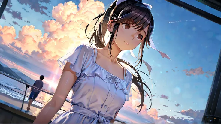 (fully clothed),medium full shot ,rating safe , sfw,, source anime,

1girl, takane manaka, love plus, black hair, longhair, ponytail, brown eyes,  summer dress, short sleeves, long flowing white dress, solo focus, girl on the right side, , upper body,  at ...