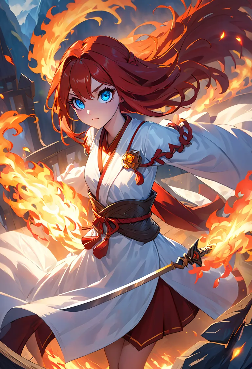  amazing picture of a beautiful white girl,   framing ,  surrounded by flames , dota2 fire girl style, Ghost knife style, Fiery hair,  long red hair, watery blue big eyes, thin waist, wide hips, wizard robe, Magical colors,  World of Warcraft Style , by Bl...