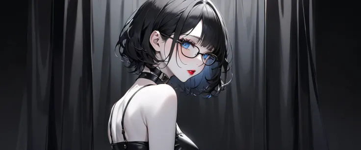 Upper body shot of a beautiful slim korean woman, submissive, shy, white sleeveless crop top with thin straps, string straps, snatched waist, curvy slim body, slim frame, skinny body, black glasses, wavy raven black hair framing her face, black curtain ban...